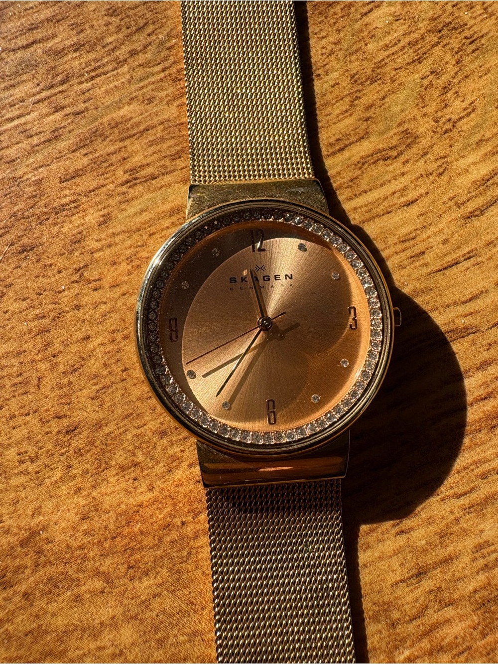 Skagen Rose Gold Mesh Watch with Crystal Bezel